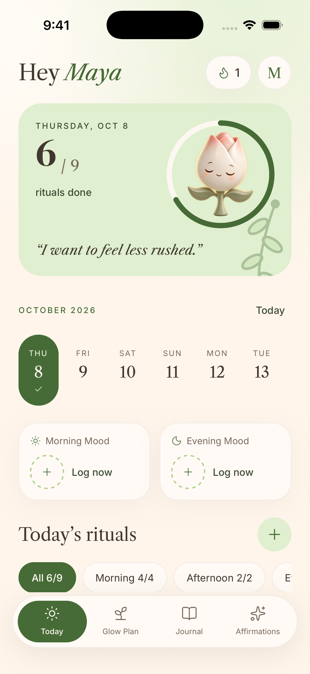 That Glowing Girl Today screen with mood check-in, daily rituals and affirmations